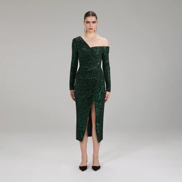 NWT Self-Portrait | Green Stretch Sequin Asymmetric Midi Dress - Picture 3 of 10
